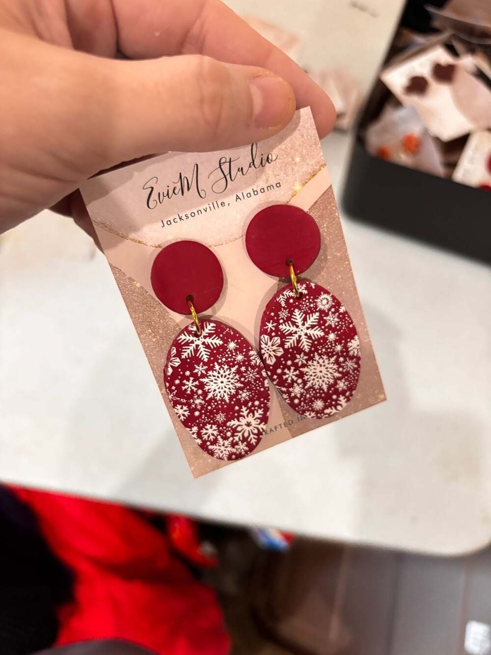 EvieM Studio Handmade Red and White Snowflake Dangle Earrings